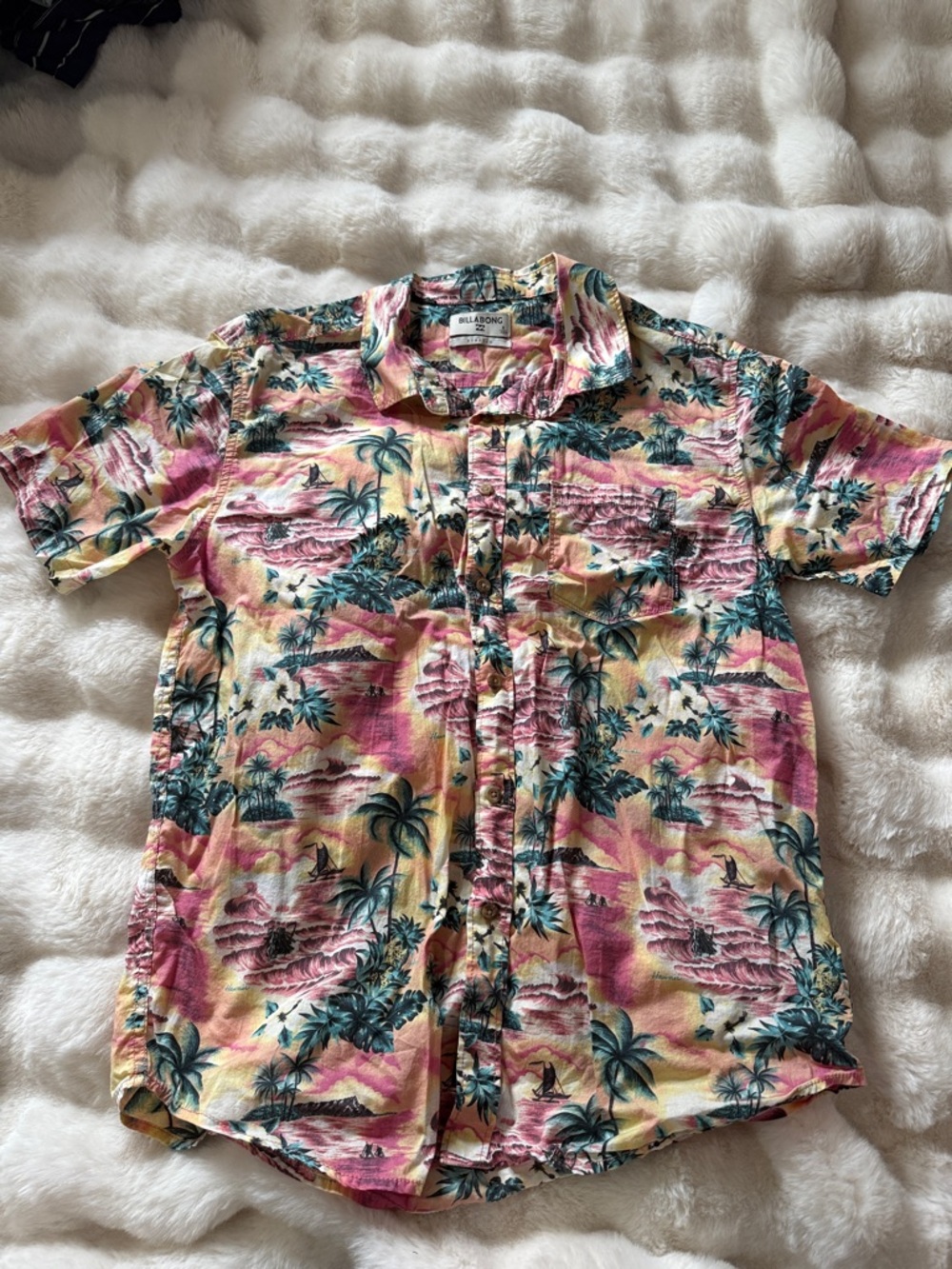 Billabong Short-Sleeve Tropical Button-Down Shirt - Pink, Yellow, Teal